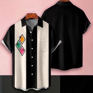 Retro Bowling Shirt for Men, Short Sleeve Button Down Medium